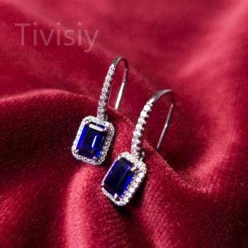 1CT Synthetic Sapphire Emerald Cut Earrings